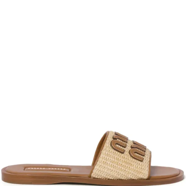 Miu Miu Raffia-effect woven Beig slides
