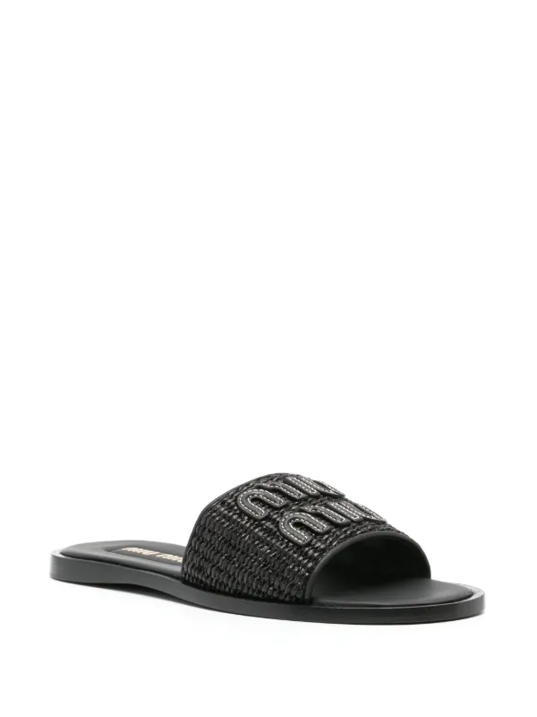 Miu Miu Raffia-effect woven Black slides - Image 2