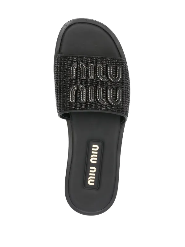 Miu Miu Raffia-effect woven Black slides - Image 4