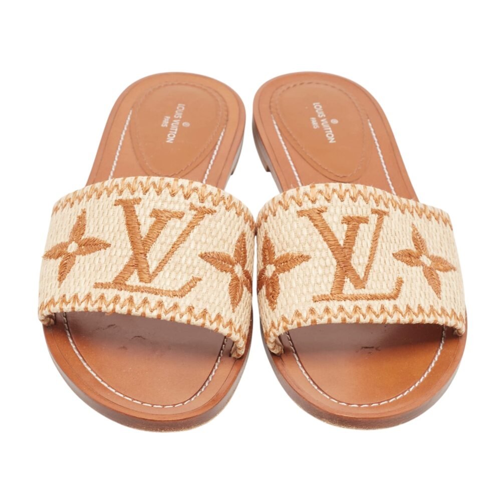Louis Vuittonx Brown/Beige Raffia Lock It Slides - Image 4