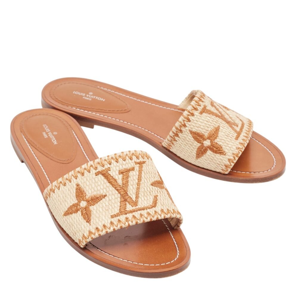 Louis Vuittonx Brown/Beige Raffia Lock It Slides - Image 2