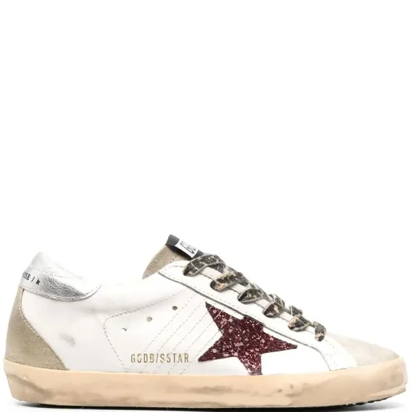 Golden Goose Super-Star With Burgundy Glitter Star And Silver Heel Tab